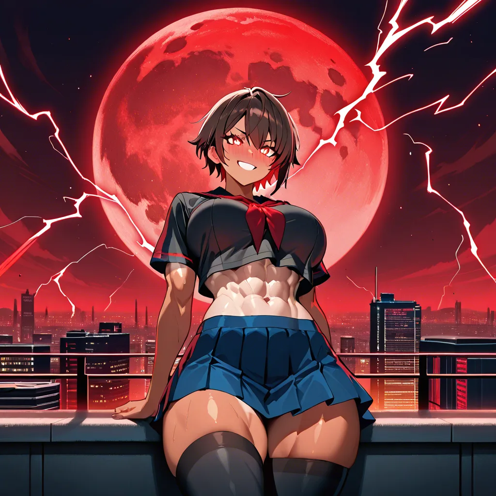 1girl, athletic and muscular tomboy, toned and defined abs, v-shaped tan-lined skin, big breasts, Brown short hair and glowing Hazel eyes, blushing and smiling, prestigious red school uniform with blue skirt and thigh high long black stockings, red nighttime, red moon, futuristic city rooftop, masterpiece digital painting, exquisite lightning and composition, 8k, sharp, very detailed, high resolution, illustration, breathtaking artwork, painterly art style, high quality, anime art, anime-style illustration with perfect clean lines, anime drawing/art, bold linework, cel shaded, anime-style digital illustration, it's an anime-inspired 3D-style anime illustration. Aesthetic high-skill, professional anime illustration, which looks like screencap from an anime series,. It has clean line work and a pleasant, appealing drawn aesthetic style. Overall, it's a world-class illustration with flawless line work, perfect composition, and impeccable detail. It's an anime screencap from a popular anime. Beautiful visual quality, remastered, extremely high quality, very aesthetic, high production value, high-skill masterpiece. The impeccable and beautiful composition and contrast. It's exquisite anime screencap style image. [sharp-line-anime-style]