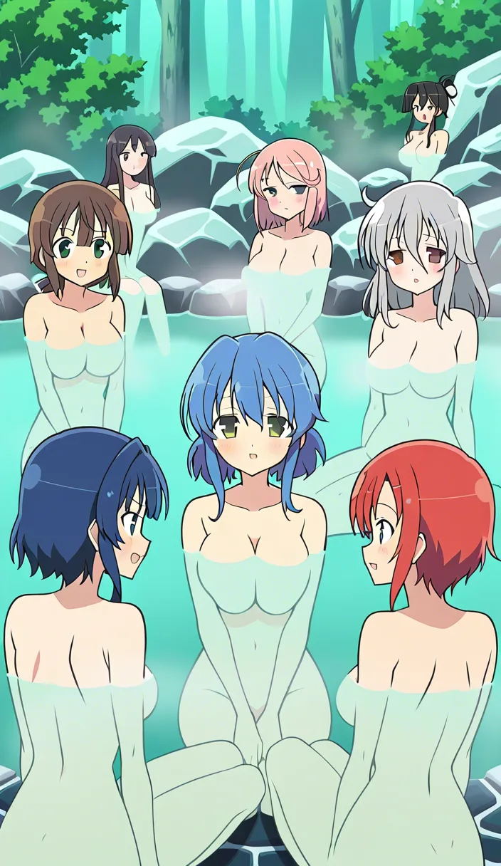 highly detailed, natural lighting, 6+girls, completely_nude , hot spring, senran kagura
