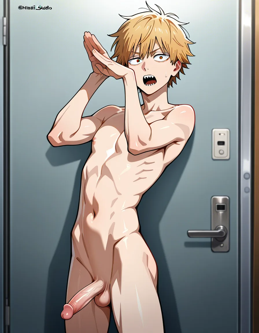 @denji_(chainsaw_man) , human_denji , solo , male_focus , skinny , nude ,sexy pose, open_mouth , uncensored , penis, hentai_studio_quality, hentai_studio_quality, hentai_studio_quality