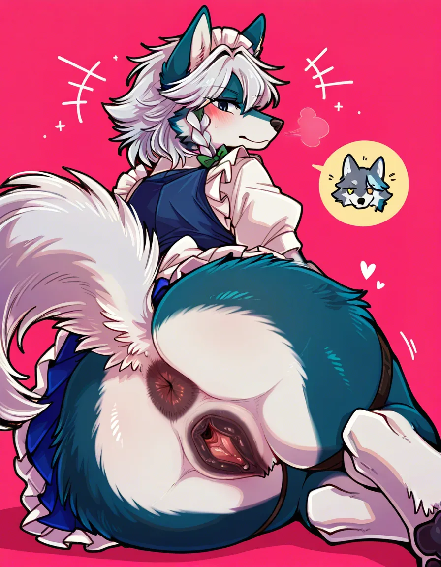 ((@dimwitdog, izayoi sakuya, skirt, top, animalization)), wolf_ears, wolf_tail, furry, (((canine, canine pussy, canine anus, canine genitalia, canine vulva, dark anus, dark pussy, wolf))), female wolf, looking_at_viewer, looking_back, paws, feral, solo, ahegao, tongue_out, hentai_studio_quality