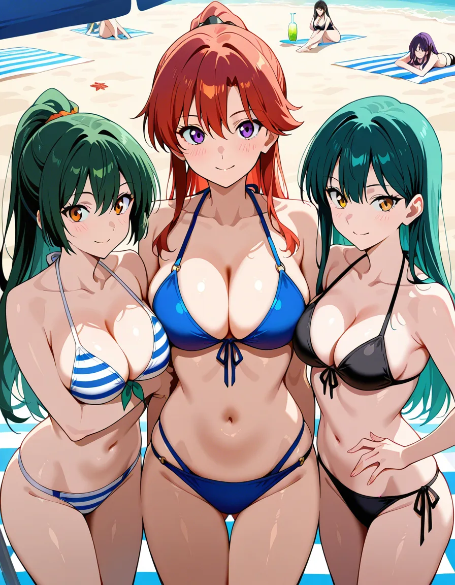 masterpiece, fine detail, 4girls, cleavage, bikini, presenting, playful expression, vivid anime colors, hentai_studio_quality