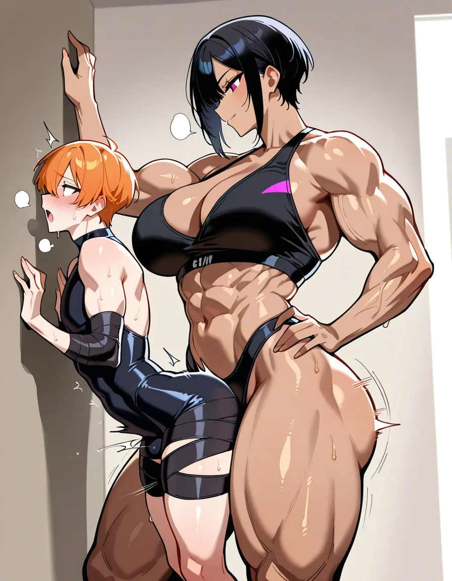 muscular_female, petite male , size_difference, height_difference, femdom, dominant female,  male against_wall, male legs_up, female thrusting, male wrapped around girl_on_top, female ginger parted_bangs, male short_hair, female abs, female big biceps, female thick_thighs, large_breasts, narrow_waist male, size_difference, domination, nude, hentai_studio_quality