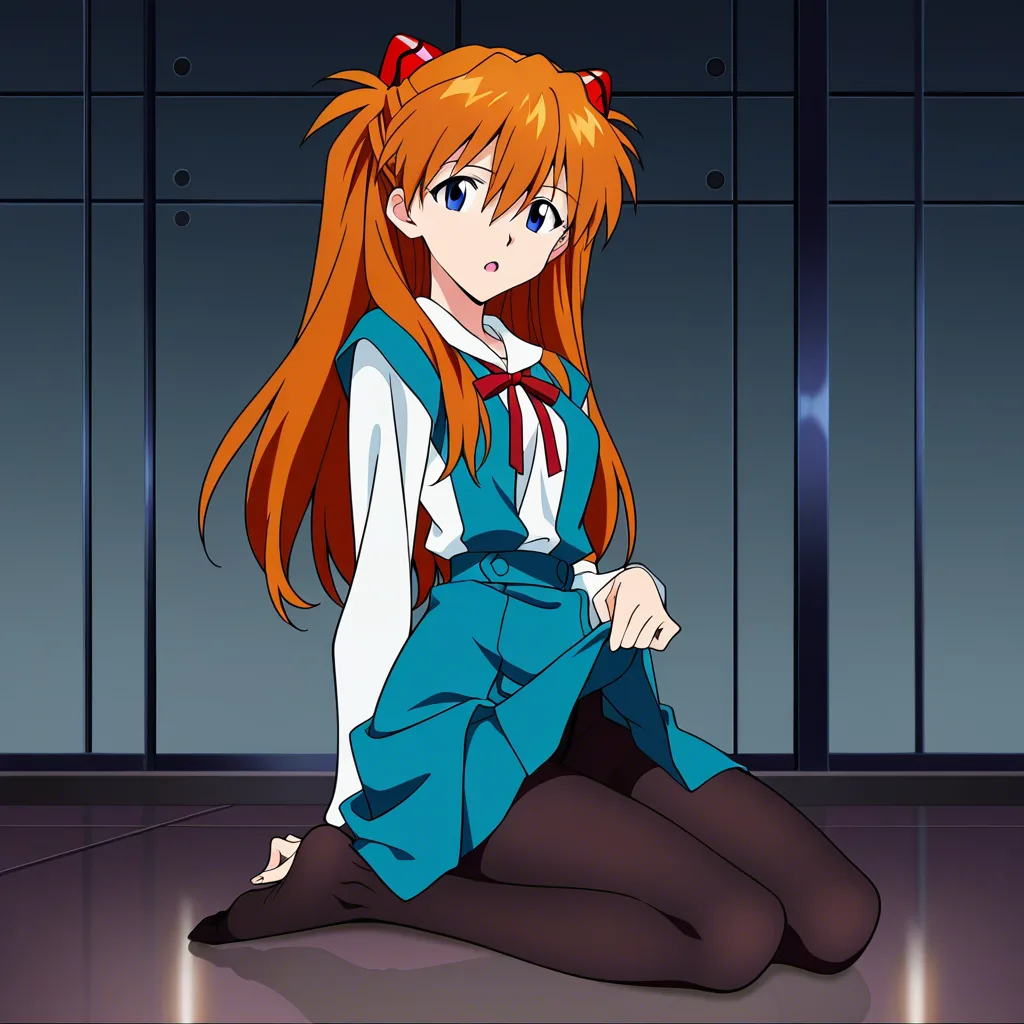@souryuu_asuka_langley #skirt #pantyhose #skirt_lift #open_mouth #kneeling #feet shows her feet to viewer, (anime style:1.3), 2d, anime screencap, cel shading, flat color