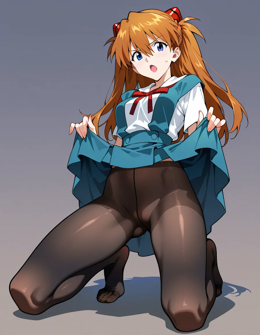 @souryuu_asuka_langley #skirt #black_pantyhose #skirt_lift #open_mouth #on_one_knee #feet shows her feet to viewer, hentai_studio_quality