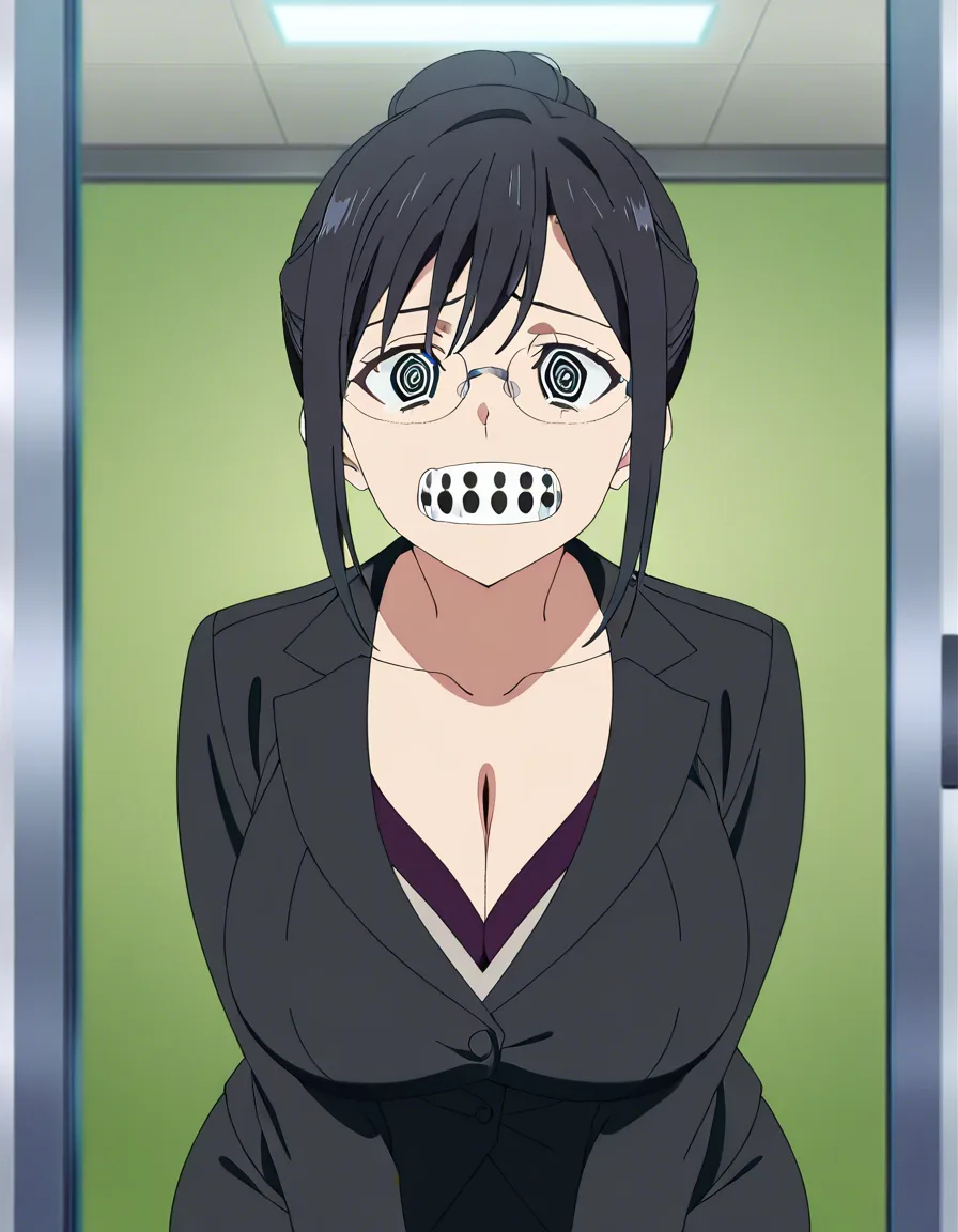 highres, vivid, mature_female office lady, with braces glasses black_hair huge_breasts wide_hips breasts_out hanging_breasts exposing her mouth and unleashing her bad breath while begging_you_to_cheat_on_your_wife,, (anime style:1.3), 2d, anime screencap, cel shading, flat color, @00osamio00