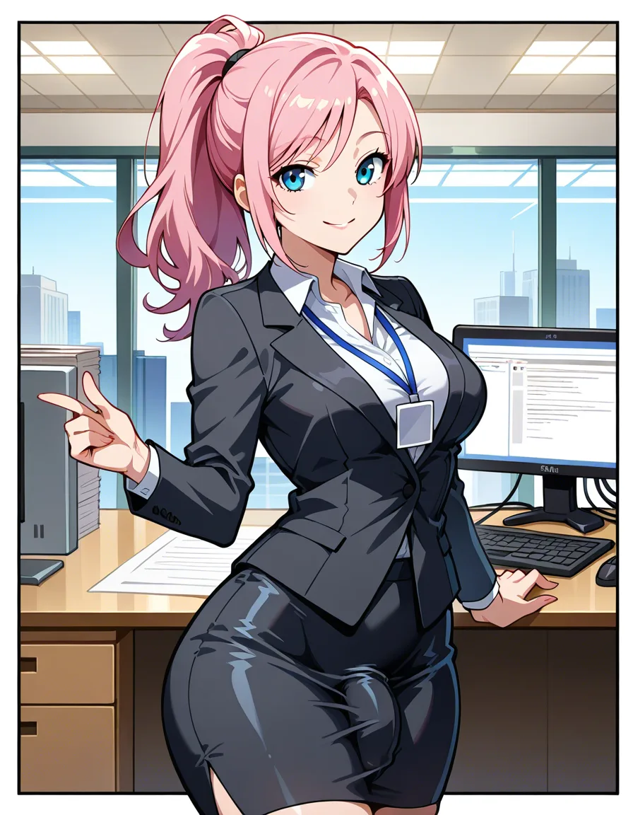 futanari, pink_hair, ponytail, blue_eyes, medium_breasts, wide_hips, smile, office_lady, computer, office, hentai_studio_quality
