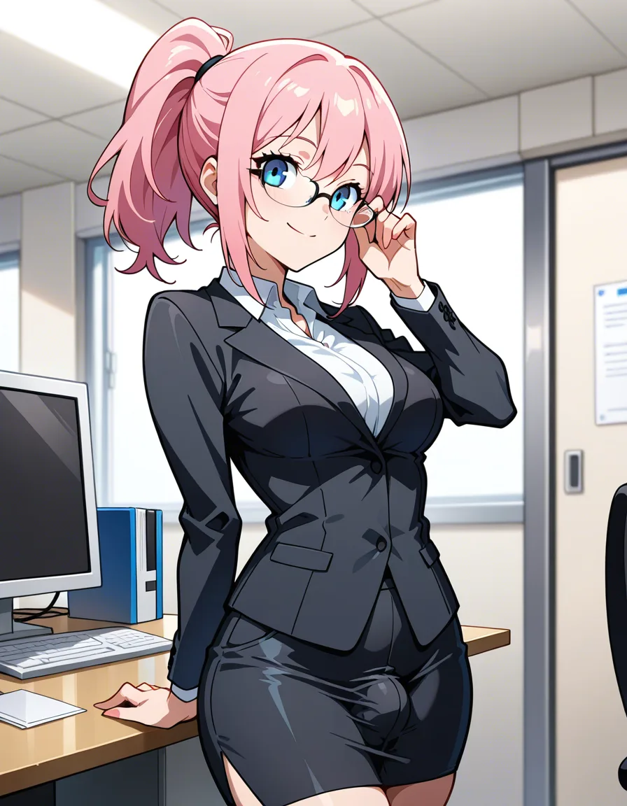 futanari, pink_hair, ponytail, blue_eyes, medium_breasts, wide_hips, smile, office_lady, adjusting_eyewear, computer, office, hentai_studio_quality