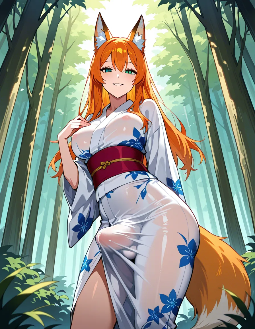futanari, fox_girl, green_eyes, orange_hair, medium_breasts, large ass, seductive_smile, yukata, erection_under_clothes, facing_viewer, standing, forest, hentai_studio_quality