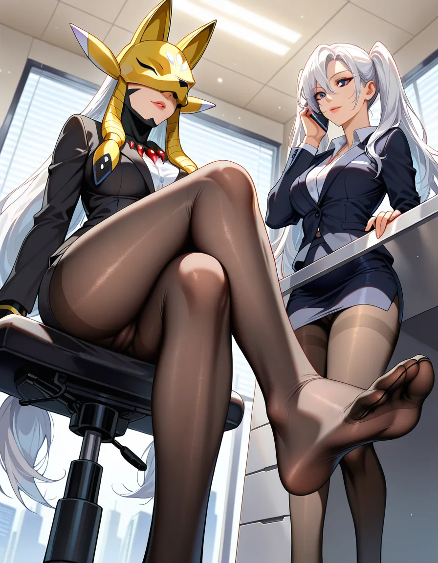 ultra detailed shading, masterpiece, clean art, highly_detailed, best_quality, hentai_studio_quality, realistic, sakuyamon, very_long_hair, white_hair, twintails, feet, femdom, office_lady, miniskirt, formal_clothes, cameltoe, sitting, crossed_legs , from_below, pantyhose, toes, feet, 1girl, pussy_juice, leaking_pussy, pov, footjot, foot_fetish, ejaculation, large_penis,, hentai_studio_quality