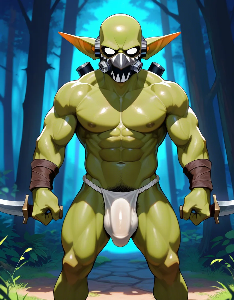 A small, green-skinned male goblin with a small loincloth revealing a large bulge; he is thin, bald, and has masculine features and pubic hair, and is holding a dagger in a forest at night., score_9, score_8, 3d render, octane render, subsurface scattering, ray tracing, smooth shading