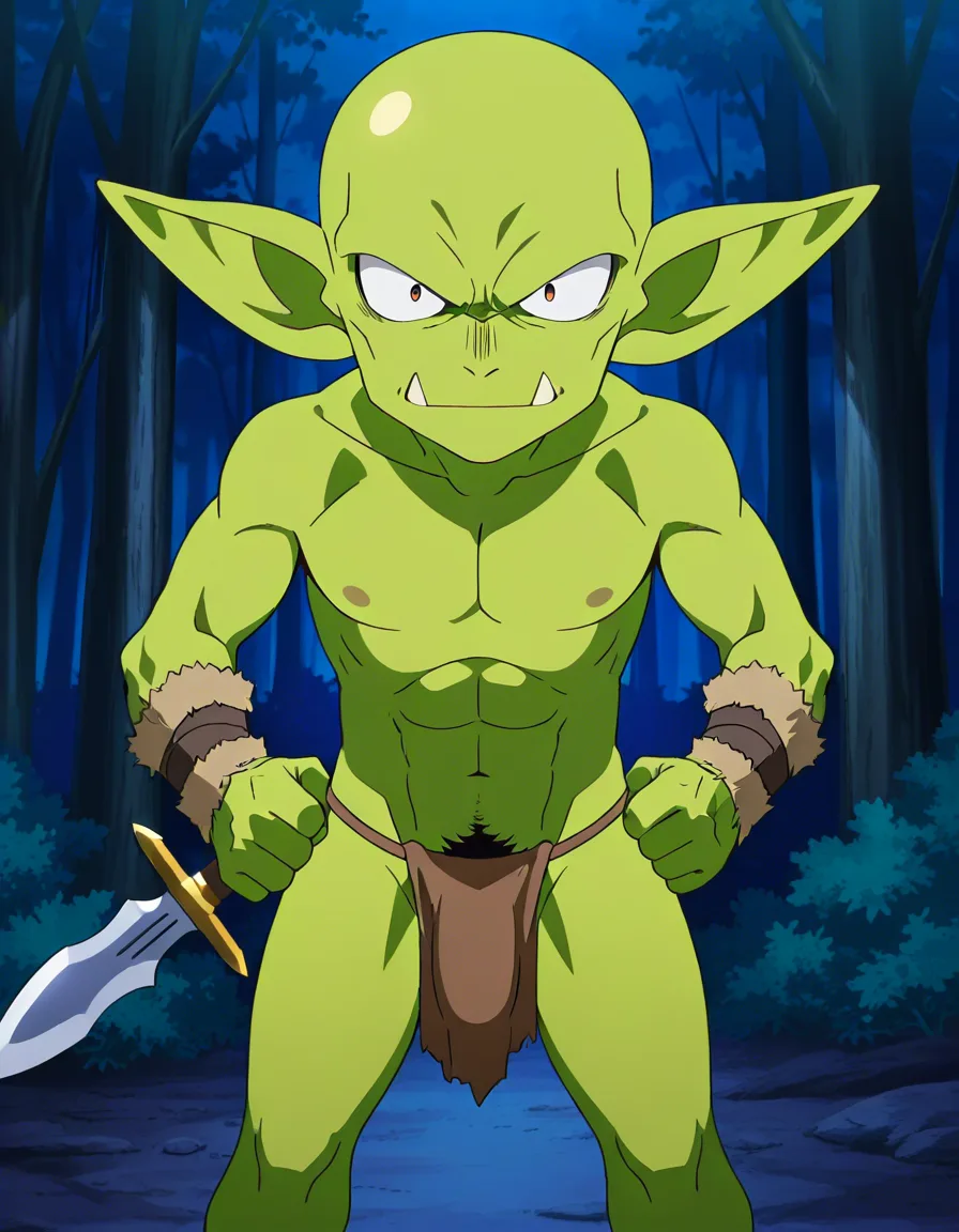 A small, green-skinned male goblin with a small loincloth revealing a large bulge; he is thin, bald, and has masculine features and pubic hair, and is holding a dagger in a forest at night., (anime style:1.3), 2d, anime screencap, cel shading, flat color, @00osamio00