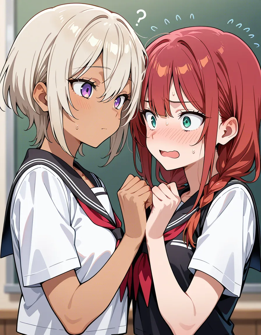 otoko_no_ko, 2girls, dark-skinned_female, White_skined_Femboy, nervous, hentai_studio_quality