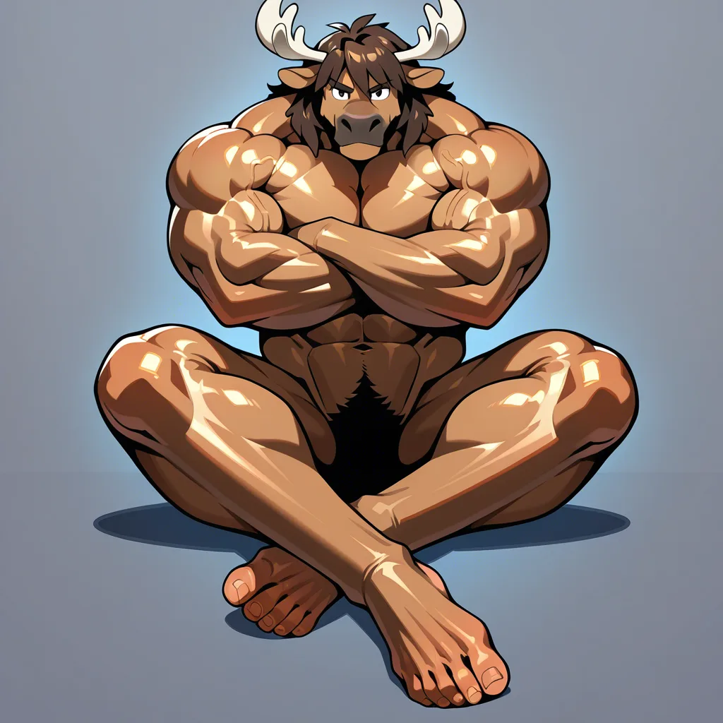 Nude buff male anthro moose, big and huge muscles, dark brown body, arms crossed, legs crossed, humanoid feet, 5 toes, sitting, gray simple background, solo, hentai_studio_quality, hentai_studio_quality, hentai_studio_quality
