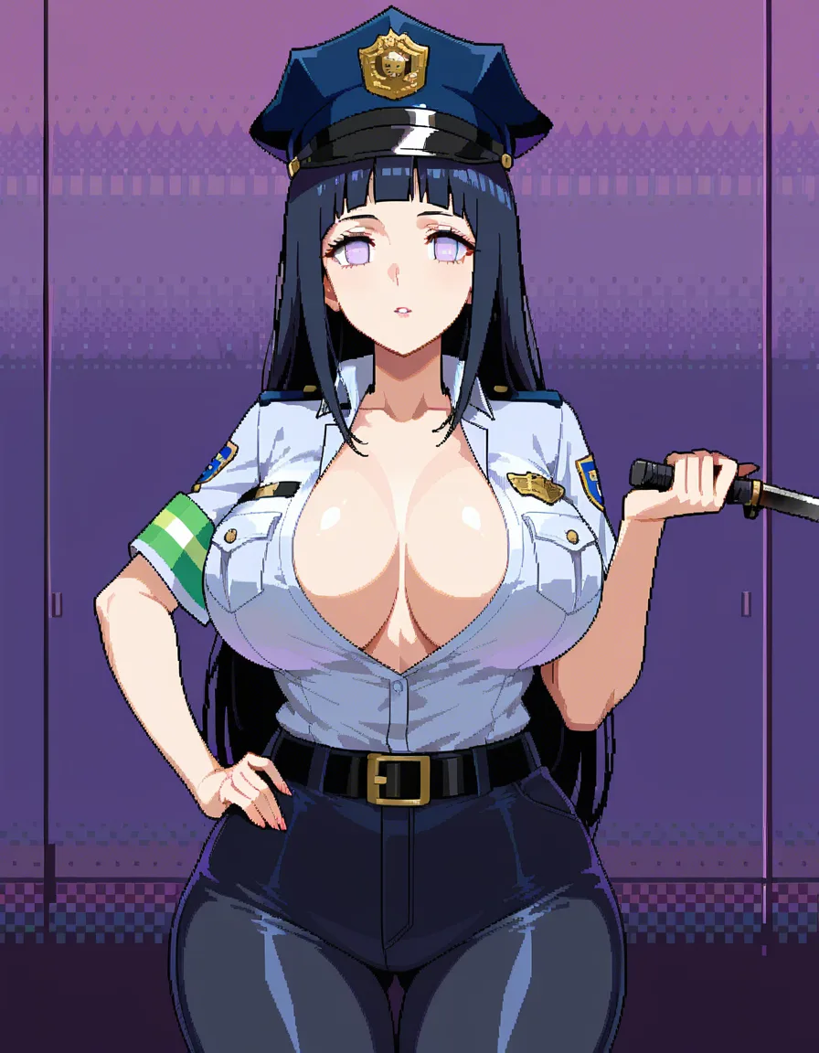 best quality, super aesthetic, @hyuuga_hinata curvy mature_female , working as a police officer, huge_breasts , pixel_art ,tight_clothes , no bra , wide_hips, hentai_studio_quality