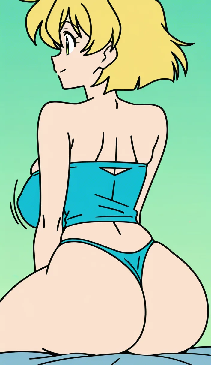 Big tits tube_top , blonde, dressed skimpy, round face, big ass, sitting, slight movement, breasts slightly bouncing