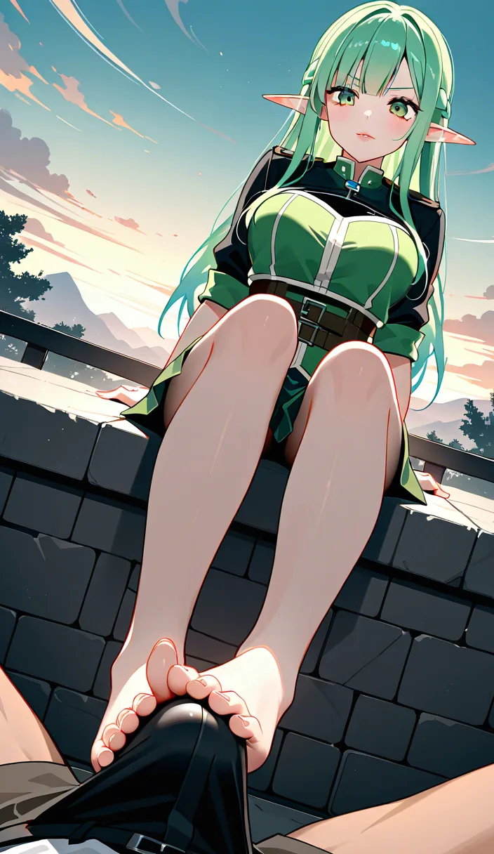 sharp focus, 8k uhd, elf girl, lips, skirt, footjob, sky, dutch angle, dslr quality