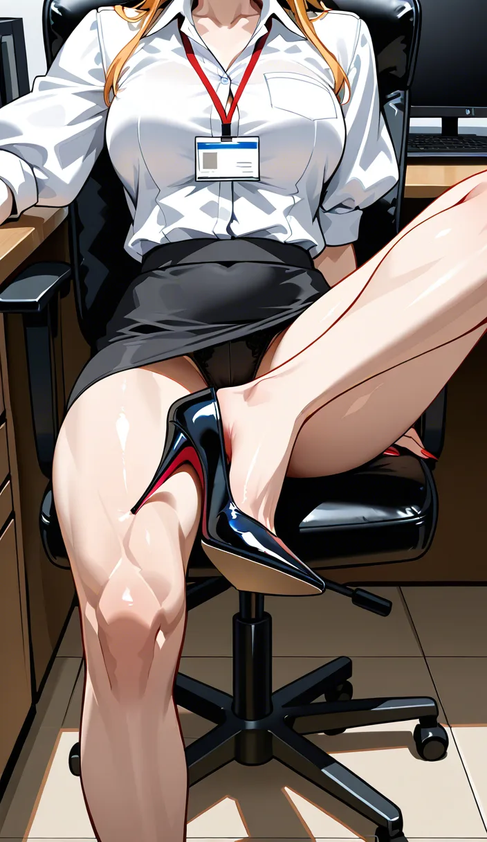 8k, sharp focus, detailed skin, office lady, toned body, puffy sleeves, sitting in her desk chair, stepping on her employees cick in her stiletto heel, grinding the sole on his shaft, three-quarter view