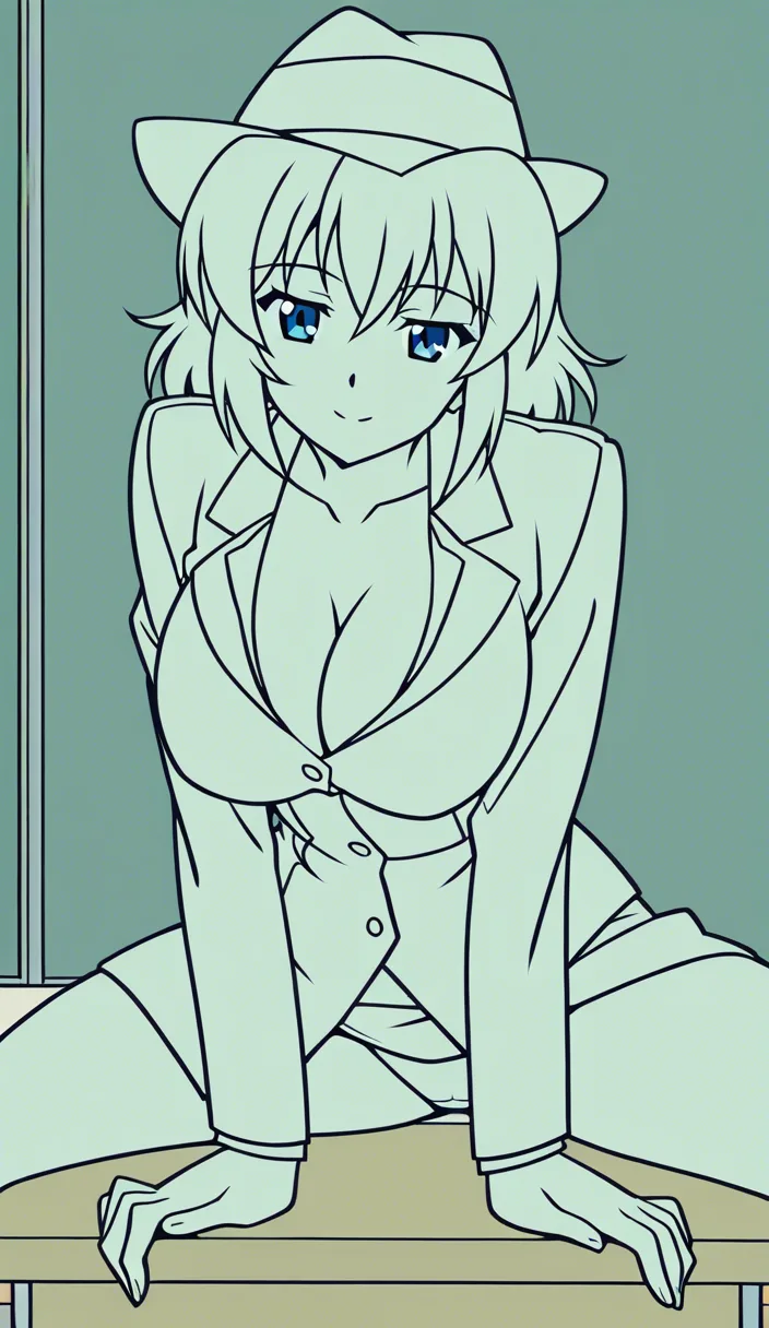 Teacher, cowgirl position, cleavage, hat, on desk , highly detailed anime