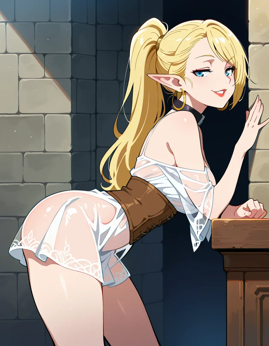 comicbook style,masterpiece,best quality, very awa, grandiose, clean lines,

1girl, solo, blonde hair, middle parting side swept hair, ponytail, blue eyes, red lips, hoop earrings, collar, elf, seethrough white dress, short dress, corset, smug, smile, parted lips, BREAK leaning forward, cute pose, from side, looking at viewer, tavern, fantasy tavern, from behind, pussy, medieval,volumetric lighting
<segment:yolo-face_yolov8m-seg_60.pt,0.6,0.5//cid=11>, hentai_studio_quality