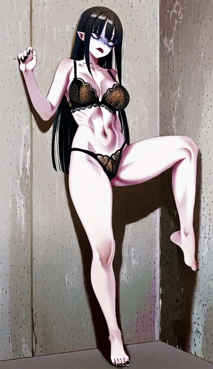 human woman
Height 170 cm, chest 93 cm
Long straight black hair, deep red lips
Dazed expression, black lace lingerie
Black nail polish, black toenail polish
barefoot
A posture of standing with your back against a wall, with one leg slightly lifted

Vampire woman
Height 180 cm, chest 100 cm
Pale skin, long-wave wine-red hair
Strong Smoky Makeup, Glitter Highlighter
bares sharp teeth
Black velvet corset, long slit skirt
Black leather high heels
Fingernail manicure deep red gloss, toenail manicure deep red gloss
A cold, dominant look in the eyes
A posture of hugging a human tightly and leaning forward

Background: A conventional penthouse living room, in front of a large window overlooking the city nightscape, showing a vampire woman biting and feeding on a human woman while she is pressed against the wall beside her neck