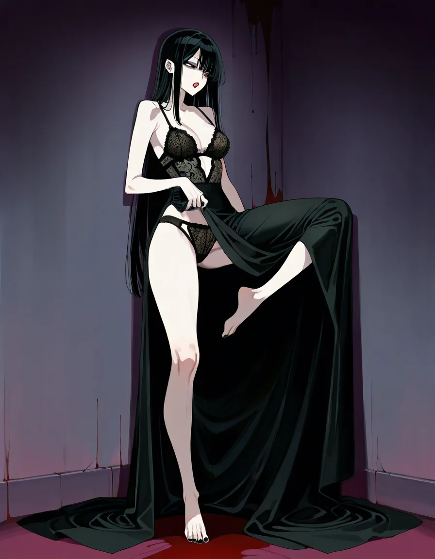 human woman
Height 170 cm, chest 93 cm
Long straight black hair, deep red lips
Dazed expression, black lace lingerie
Black nail polish, black toenail polish
barefoot
A posture of standing with your back against a wall, with one leg slightly lifted

Vampire woman
Height 180 cm, chest 100 cm
Pale skin, long-wave wine-red hair
Strong Smoky Makeup, Glitter Highlighter
bares sharp teeth
Black velvet corset, long slit skirt
Black leather high heels
Fingernail manicure deep red gloss, toenail manicure deep red gloss
A cold, dominant look in the eyes
A posture of hugging a human tightly and leaning forward

Background: A conventional penthouse living room, in front of a large window overlooking the city nightscape, showing a vampire woman biting and feeding on a human woman while she is pressed against the wall beside her neck, hentai_studio_quality