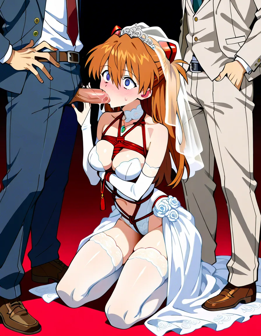 /masterpiece /ultra_detailed /highres @souryuu_asuka_langley #shibari #@_@ #pendant #hypnosis #revealing_clothes #wedding_dress #bridal_gauntlets #bridal_veil #public_indecency #kneeling #fellatio, hentai_studio_quality