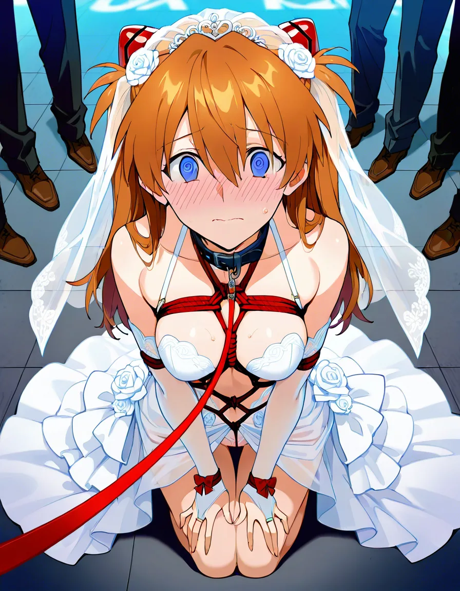 /masterpiece /ultra_detailed /highres @souryuu_asuka_langley #shibari #@_@ #skirt_lift #revealing_clothes #lingerie #bridal_gauntlets #bridal_veil #public_indecency #bent_over #kneeling #looking_up #embarrassed #facial #collar #leash, hentai_studio_quality