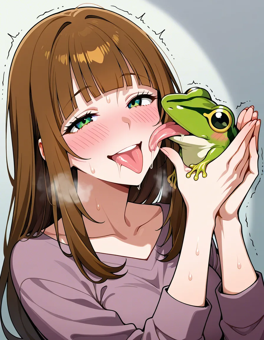green_eyes blunt_bangs brown_hair long_hair mature_female, blushing, trembling, drooling, tongue_out, seductive_smile, smiling wickedly, nervous_sweating, heavy_breathing, holding a frog in her hands and licking it, hentai_studio_quality