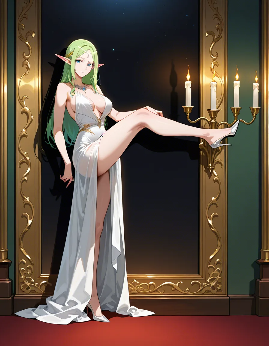 studio quality, sharp focus, elf girl, evening gown, leg up, candlelight, studio photo, hentai_studio_quality