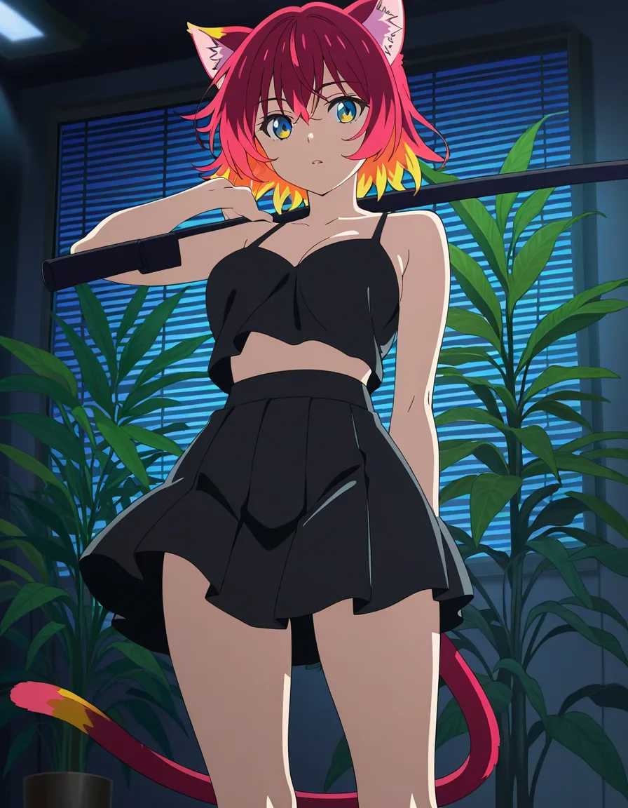 masterpiece, vivid colors, catgirl, thighs, black skirt, over the shoulder glance, fully nude, plant, intense passion, studio lighting, clean lineart, (anime style:1.3), 2d, anime screencap, cel shading, flat color