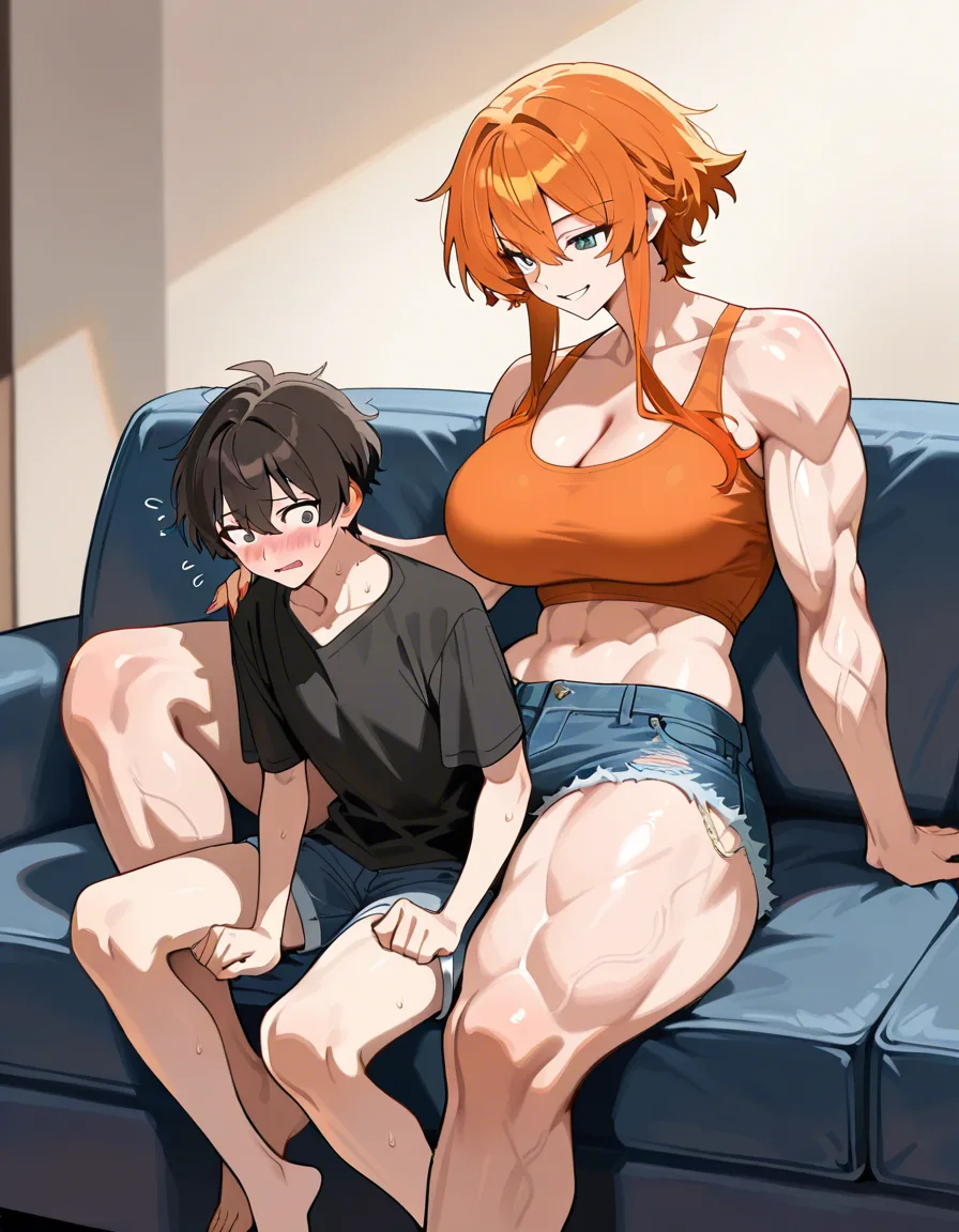 Giant muscular_female, petite male, adults, extreme size_difference, huge height_difference, female orange_hair short_hair_with_long_locks , female sitting on_couch , shirt, female crop_top denim_shorts , assertive_female , dominant female looking_at_another, male sitting_on_lap, intimate, teasing, nervous blush male looking_up , male black medium_hair, female abs, female big biceps, female big shoulders, female thick_thighs, female huge_ass, female wide_hips, huge_breasts, gigantic tall female, bulging nipples, male sitting_on_person, male bulge, male narrow_waist, lightweight male, domination, eye_contact, hentai_studio_quality