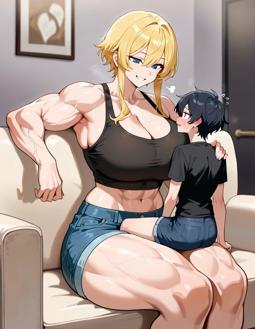Giant muscular_female, petite male, adults, extreme size_difference, huge height_difference, female blonde_hair short_hair_with_long_locks , female sitting on_couch , shirt, female crop_top denim_shorts , assertive_female , dominant female looking_at_another, male sitting_on_lap, intimate, teasing, nervous blush male looking_up , male black medium_hair, female abs, female big biceps, female big shoulders, female thick_thighs, female huge_ass, female wide_hips, huge_breasts, gigantic tall female, bulging nipples, male sitting_on_person legs, male spread_legs, leg_lock, male bulge, male narrow_waist, lightweight male, domination, eye_contact, aged_up, hentai_studio_quality