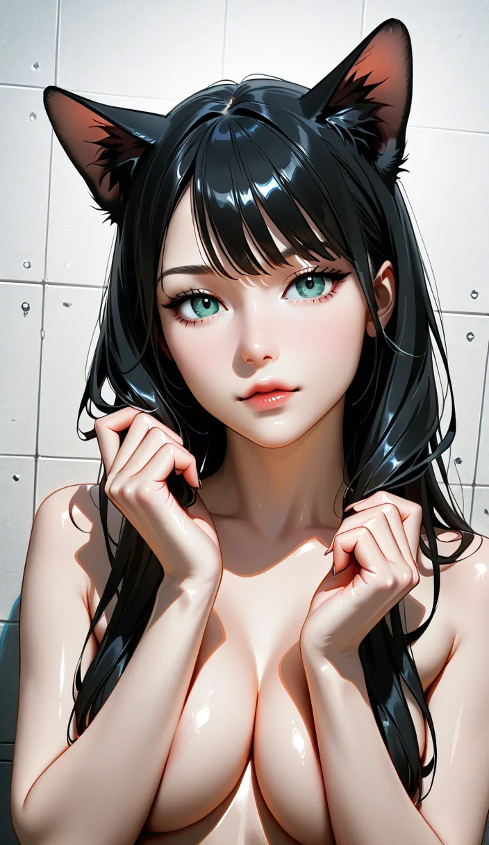 RAW photo, ultra realistic, catgirl, hair pull, hands up, mysterious vibe, natural skin texture