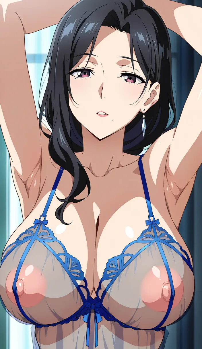 masterpiece, best quality, 1girl, presenting, mature_female, arms_up, mole_under_mouth, 2d, anime screencap, cel shading, black_hair, lingerie, see-through_clothes, long_hair, hentai_studio_quality, armpit_crease, large_breasts, puffy_nipples hentai_studio_quality, @matsumoto_rangiku, hentai_studio_quality