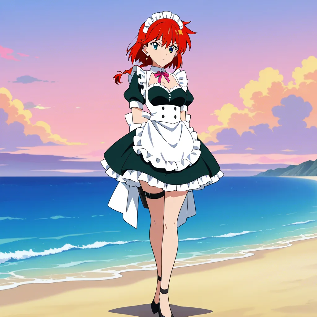 absurdres, highres, maid, thigh strap, alternate costume, bondage, beach, vivid anime colors, (anime style:1.3), 2d, anime screencap, cel shading, flat color