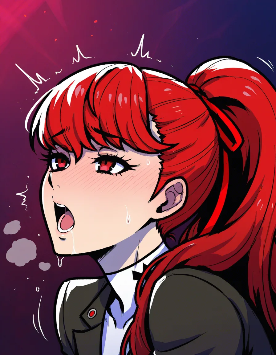 /masterpiece, /ultra_detailed, #akairiot_artstyle, @yoshizawa_kasumi, persona, persona_5, persona_5_the_royal, 1girl, solo, red_hair, long_hair, ponytail, hair_ribbon, red_ribbon, red_eyes, moaning, shuujin_academy_school_uniform, skirt_lift, bent_over, ass, sex, doggystyle, looking_back, from_behind, pov, hentai_studio_quality