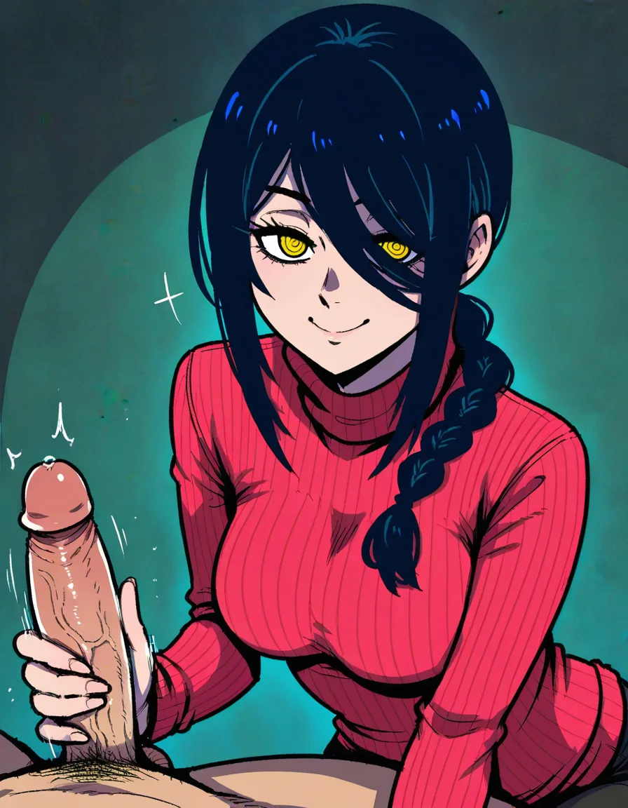 #akairiot_artstyle, @nayuta_(chainsaw_man), 1girl, aged_up, black_hair, braided_ponytail, sidelocks, hair_over_shoulder, hair_over_one_eye, yellow_eyes, ringed_eyes, smile, medium_breasts, pink_turtleneck_sweater, handjob, erection, looking_at_viewer, pov, hentai_studio_quality