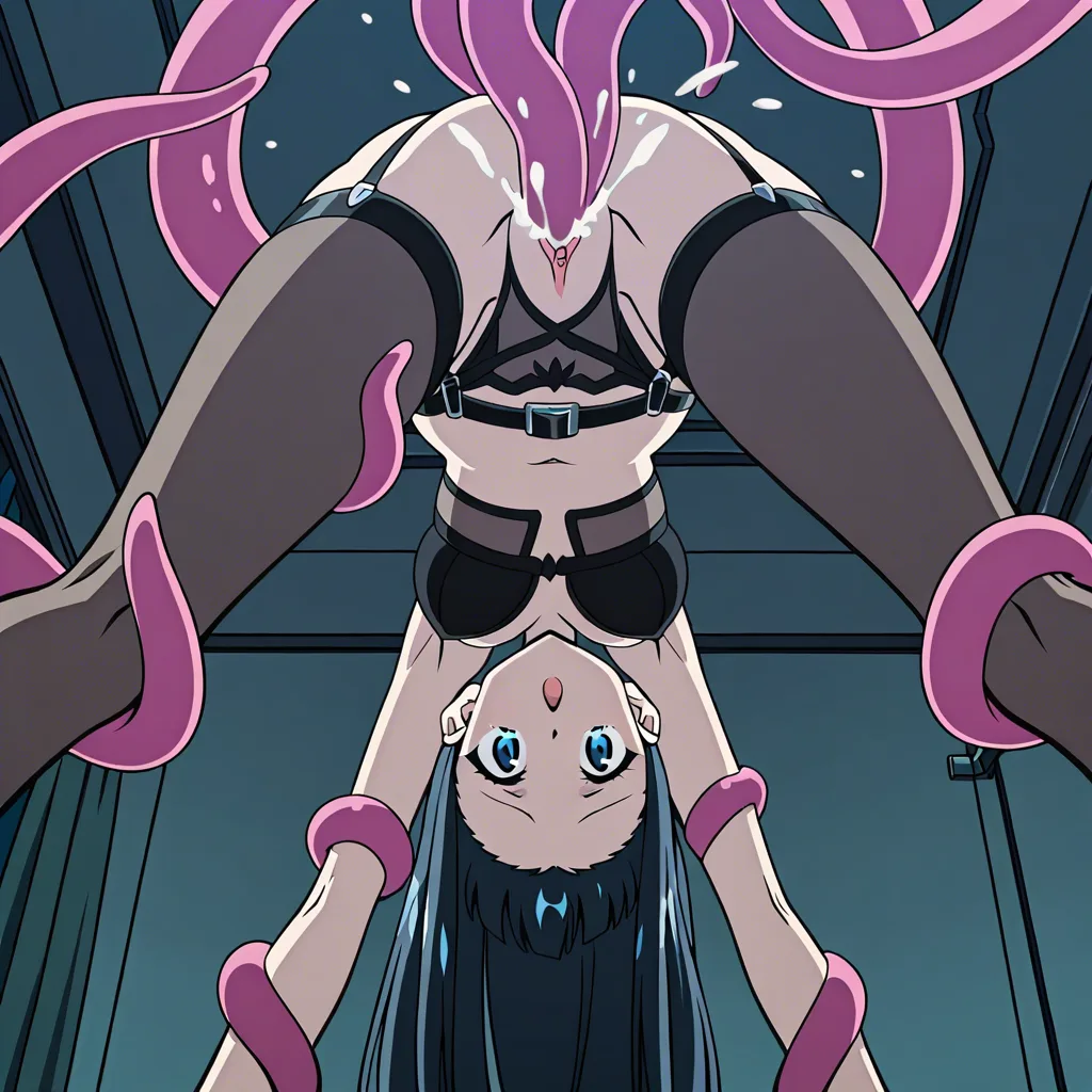 Black Lingerie harder belt ripped stockings, standing, tentacle fuck, orgasm face, bedroom, bottom up view, long black hair, blue eyes, hentai_studio_quality