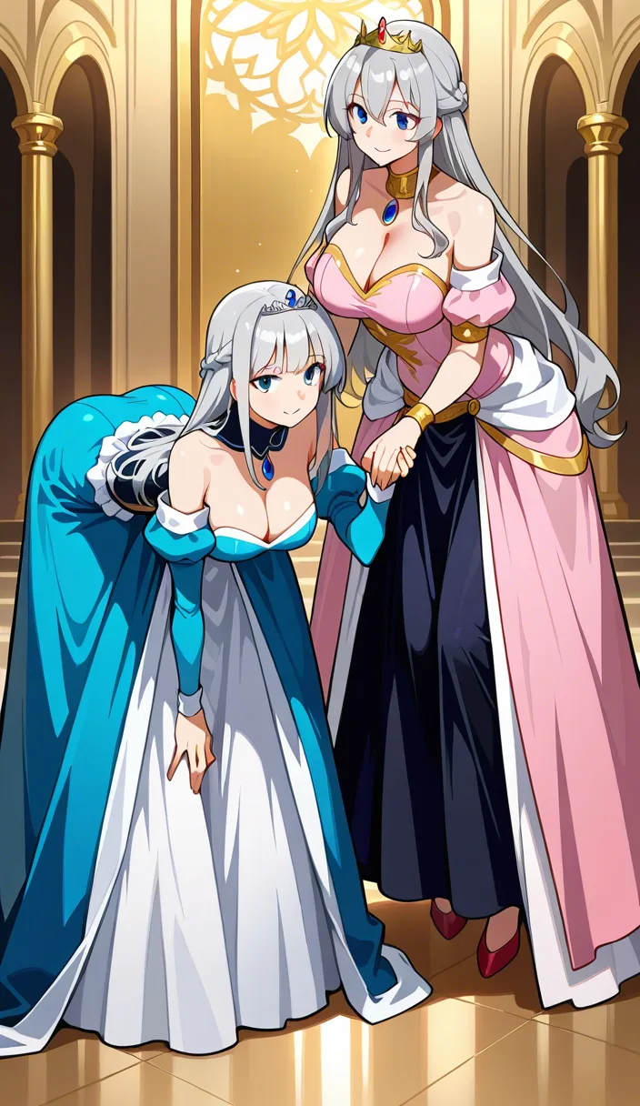ultra detailed shading, princess, bent over, holding hands, grey hair, hentai style, hentai_studio_quality