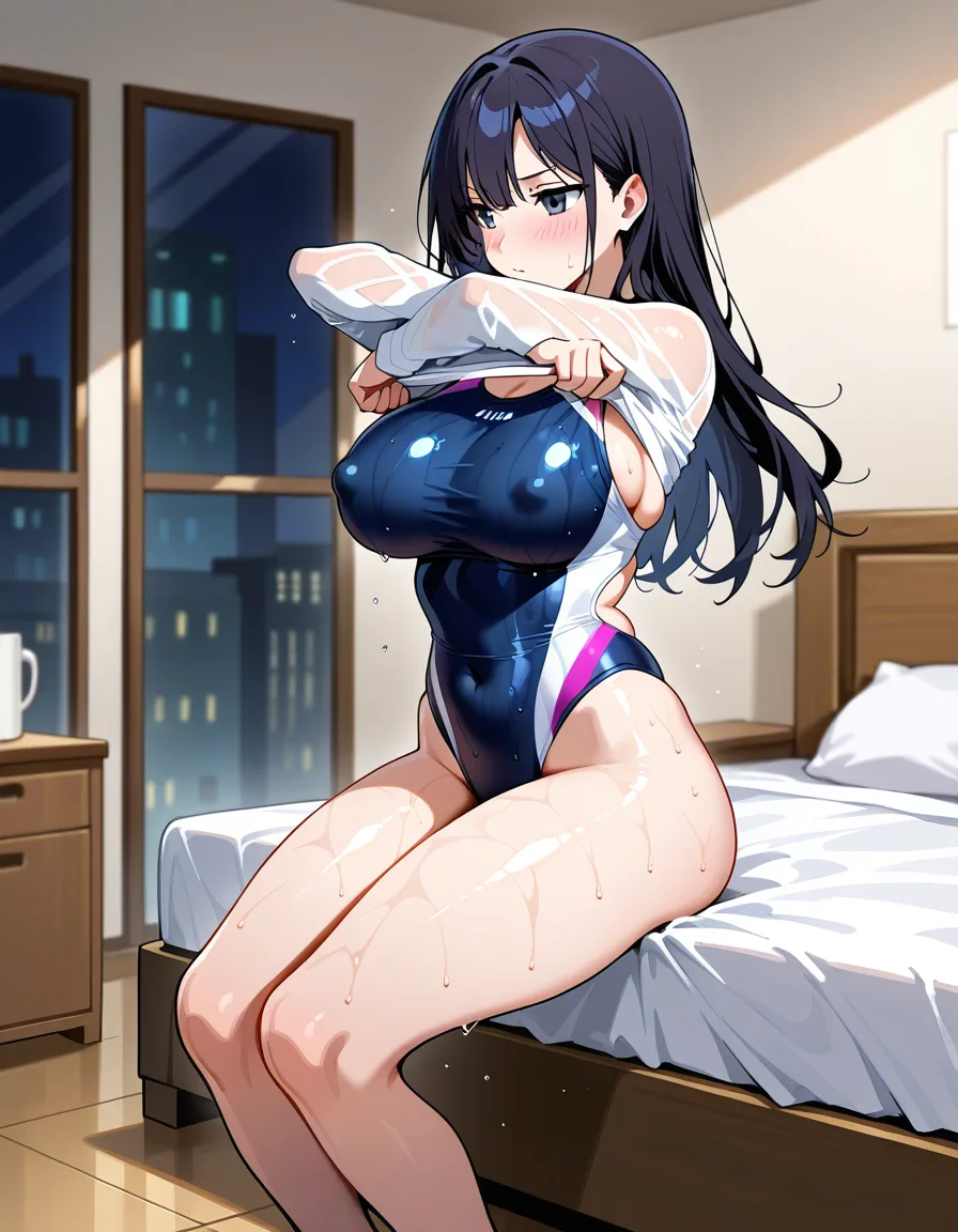 competition_swimsuit large_breasts thick_thighs  in bedroom , blush wet_clothes covered_nipples, undressing, hentai_studio_quality
