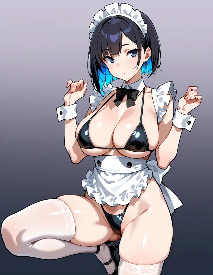 best quality, polished, maid, hands up, swimsuit, leg up, gradient background, doujin style, hentai_studio_quality