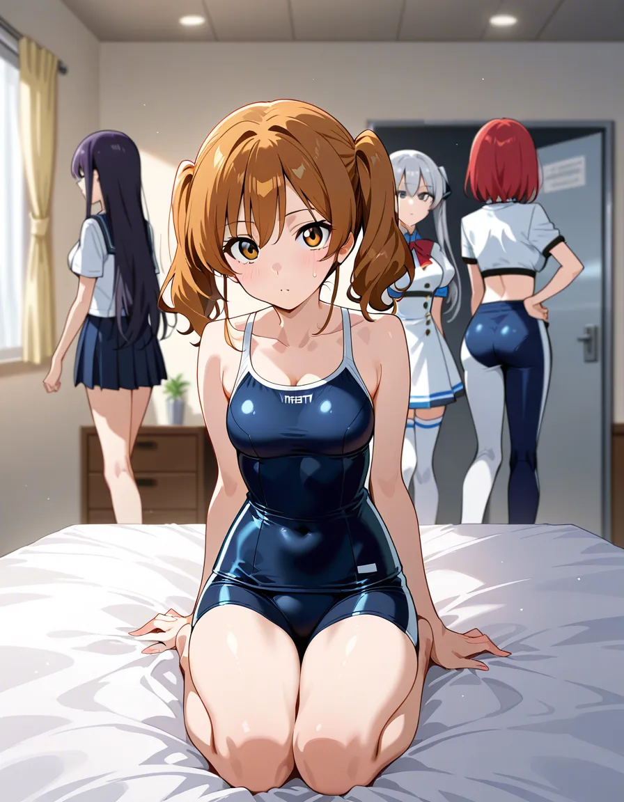 ultra detailed, 4girls, kneeling on bed, hand on own hip, depth of field, manga panel look, hentai_studio_quality