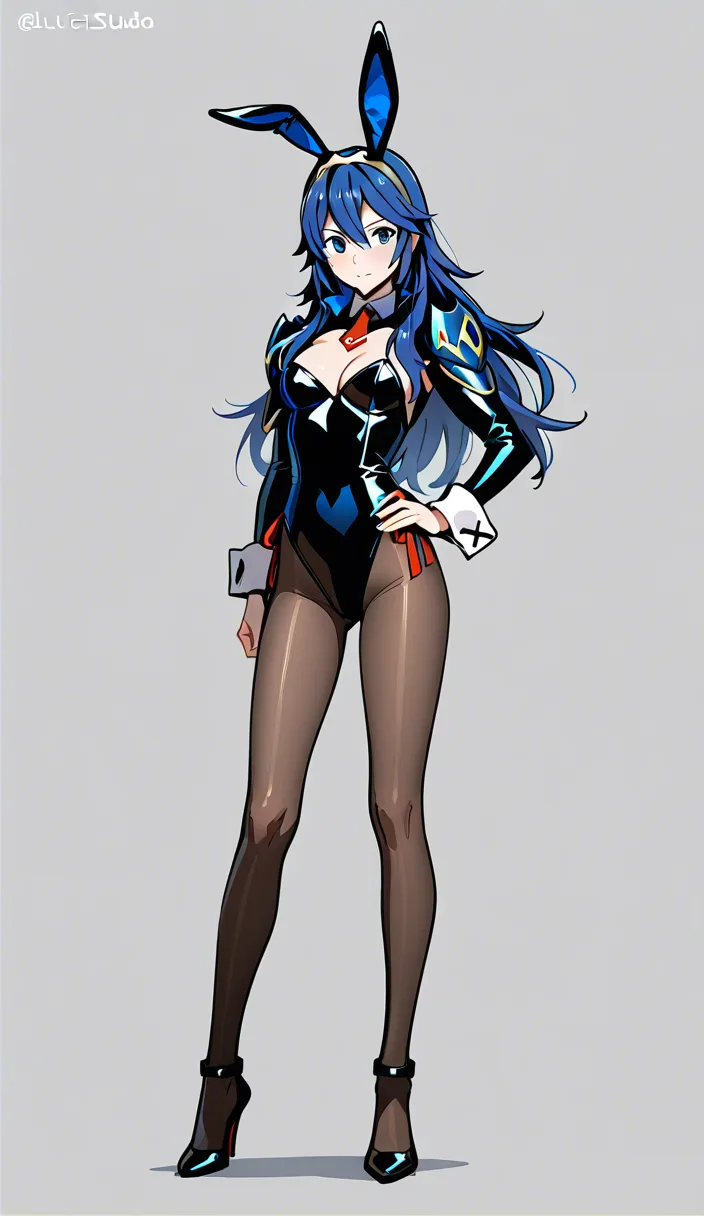 @lucina_(fire_emblem) wearing her bunnysuit in a standing 69 with a blonde guy