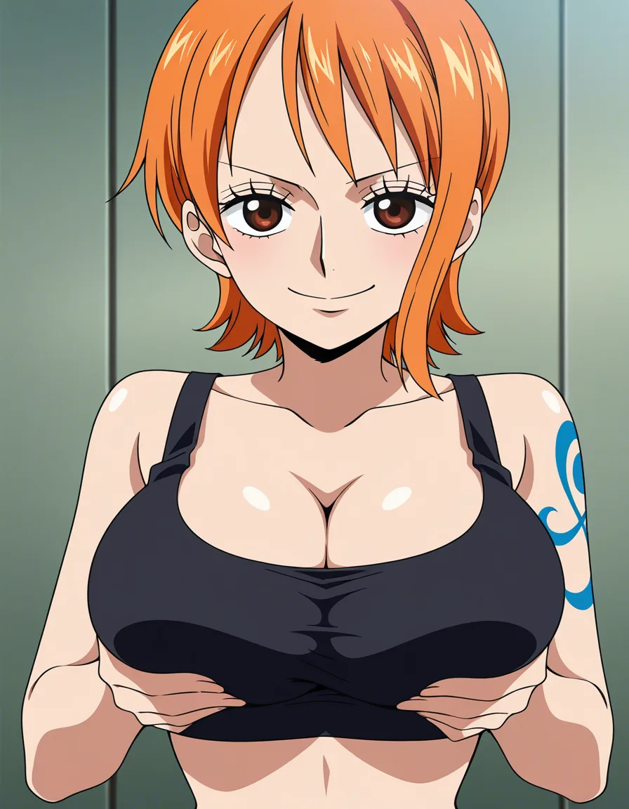 Nami paizuri with one piece manga style seductive_smile, (anime style:1.3), 2d, anime screencap, cel shading, flat color,, hentai_studio_quality