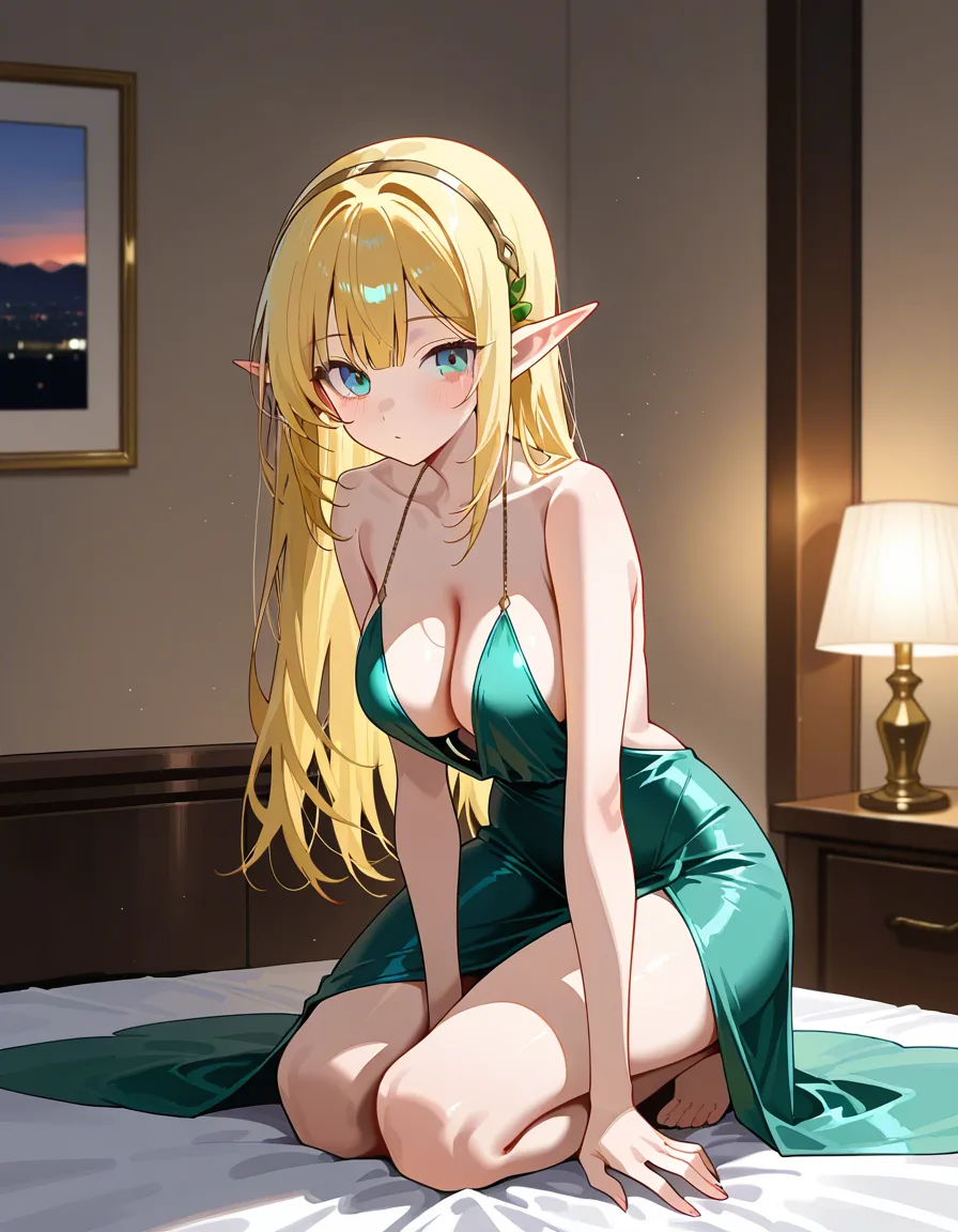 sharp focus, 8k uhd, elf girl, hairband, evening gown, kneeling on bed, window light, studio photo, hentai_studio_quality