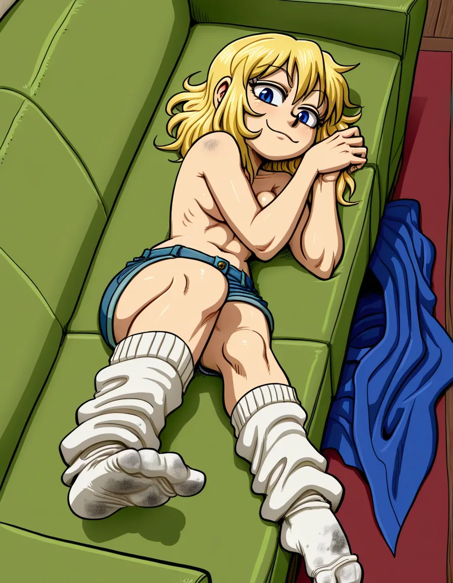 art by Spidu, by Spidu, 1girl, shortstack, blonde hair, cute face, lying on_couch, topless, wearing dirty loose_socks, foot_focus, no_shoes, dirty_socks, high angle, from_above,, hentai_studio_quality