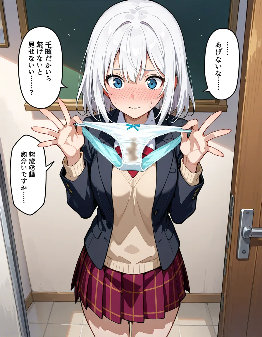 embarrassed white haired girl shows dirty panties while hold panties in hands while standing, hentai_studio_quality