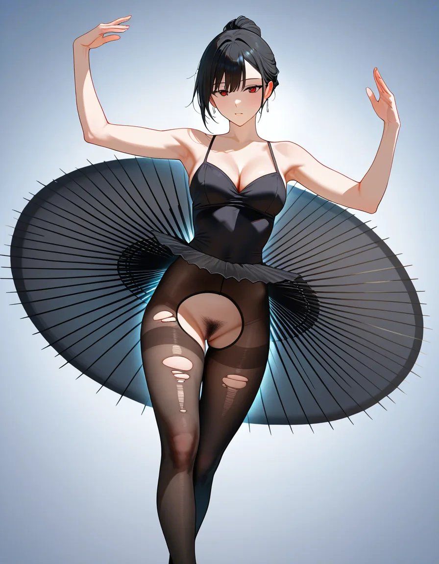 RAW photo, ultra realistic, 23 year old Korean woman, ballet, dancer, in black tutu spinning around with torn stockings and no panties, female_pubic_hair, score_9, score_8, 3d render, octane render, subsurface scattering, ray tracing, smooth shading