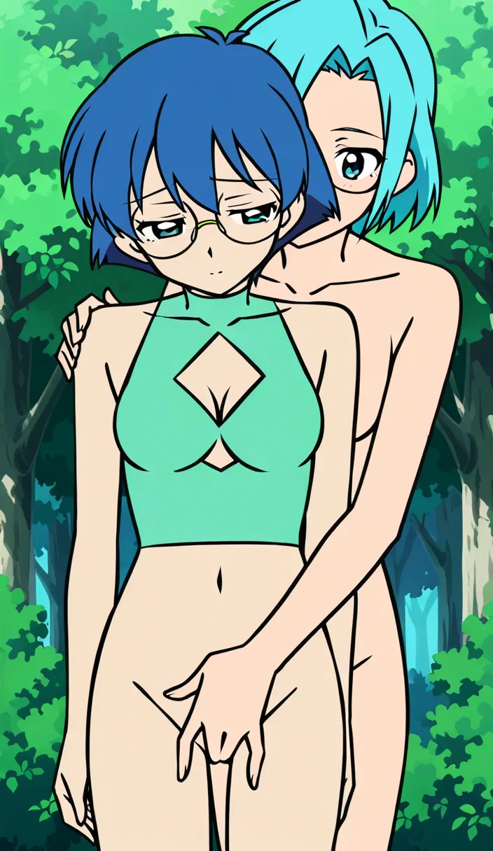 cleavage_cutout, glasses, short_hair, green gradient blue hair,nude, fingering with her clones, outdoor, more lesbian fingering on the background