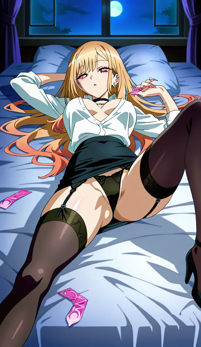 @kitagawa_marin ,18+ anime art style, hourglass figure, perfect figure,tight waist, office suit, pencil skirt, black stokings, garter belt, open white blouse , no bra,  lying on back,on luxury bed  in dark bedroom,spread_legs , night, night moon soft smooth dim light right side from window. one condom holding in head. top view., seductive smile, no panties, after sex, cum_in_pussy, hentai_studio_quality, hentai_studio_quality